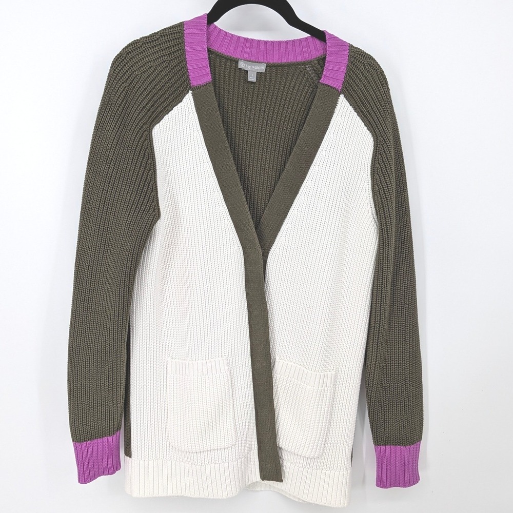 T by Talbots Cardigan Women Small White Olive Green Colorblock Snap Front Ribbed